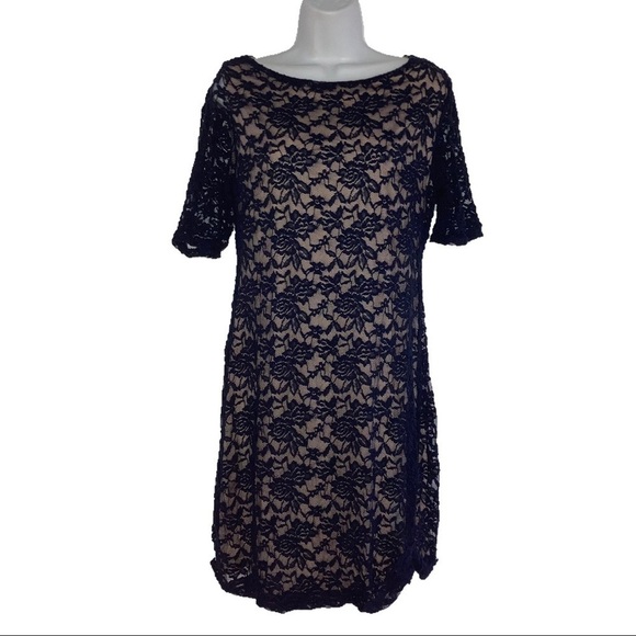 Candalite Scalloped Stretch Lace Cut out Back Navy Blue Tan Dress M - Picture 2 of 7